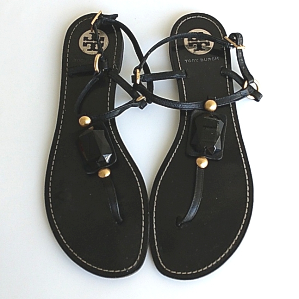 Tory Burch black sandals with large crystal size 10